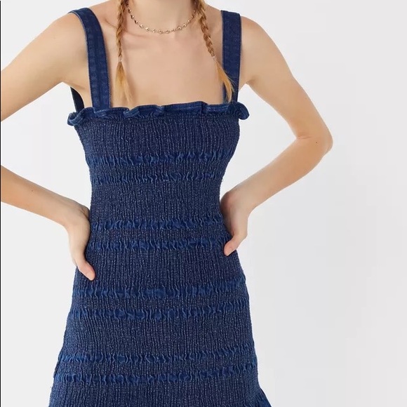 NWOT UO Sofia Denim Smocked Mini Dress - Picture 2 of 5